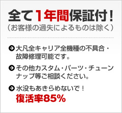 1年間保障(お客様の過失によるものは除く)大凡全キャリア全機種の不具合ガラス割れや故障修理可能です。その他カスタム・パーツ・チューンナップ等ご相談ください。